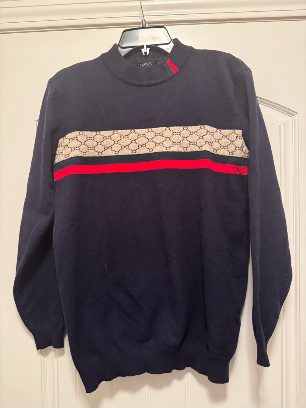 Men's Navy Crewneck Sweater with Beige Pattern and Red Stripe